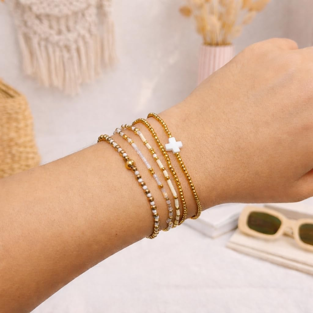 ✝ Women's Gold Beaded Cross Bracelet Stack Set Stretch Christian Faith Jewelry Gift for Women Teens