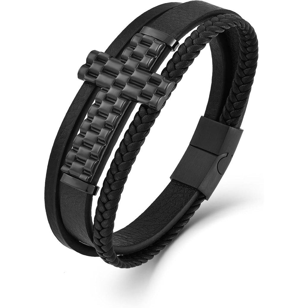 ✝ Men's Christian Cross Leather Bracelet Multi-Layer Braided Black Stainless Steel Faith Inspirational Religious Jewelry Gift for Dad