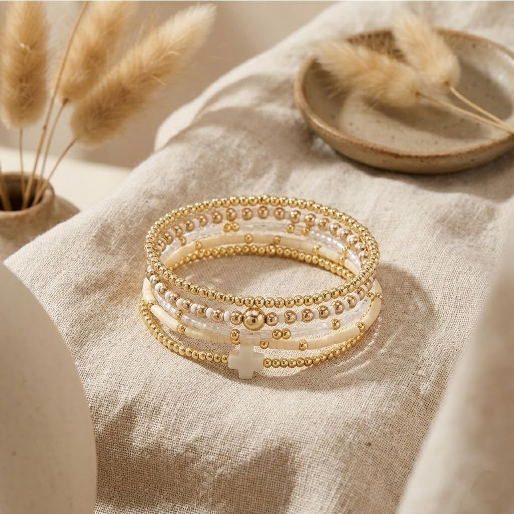 ✝ Women's Gold Beaded Cross Bracelet Stack Set Stretch Christian Faith Jewelry Gift for Women Teens