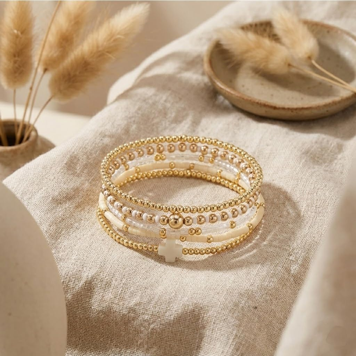 ✝ Women's Gold Beaded Cross Bracelet Stack Set Stretch Christian Faith Jewelry Gift for Women Teens