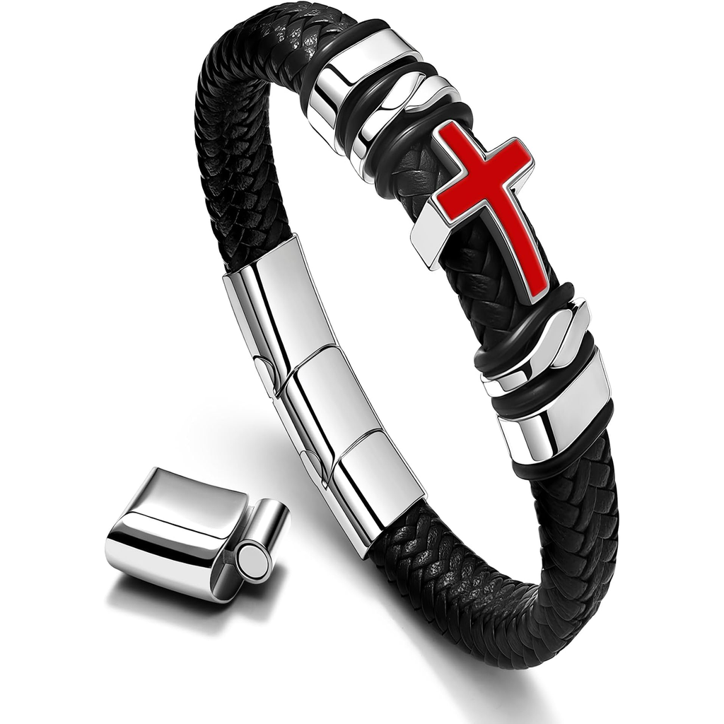 ✝ Men's Red White Cross Leather Cuff Bracelet 316L Stainless Steel Engraved Bible Verse Christian Faith Jewelry Gift