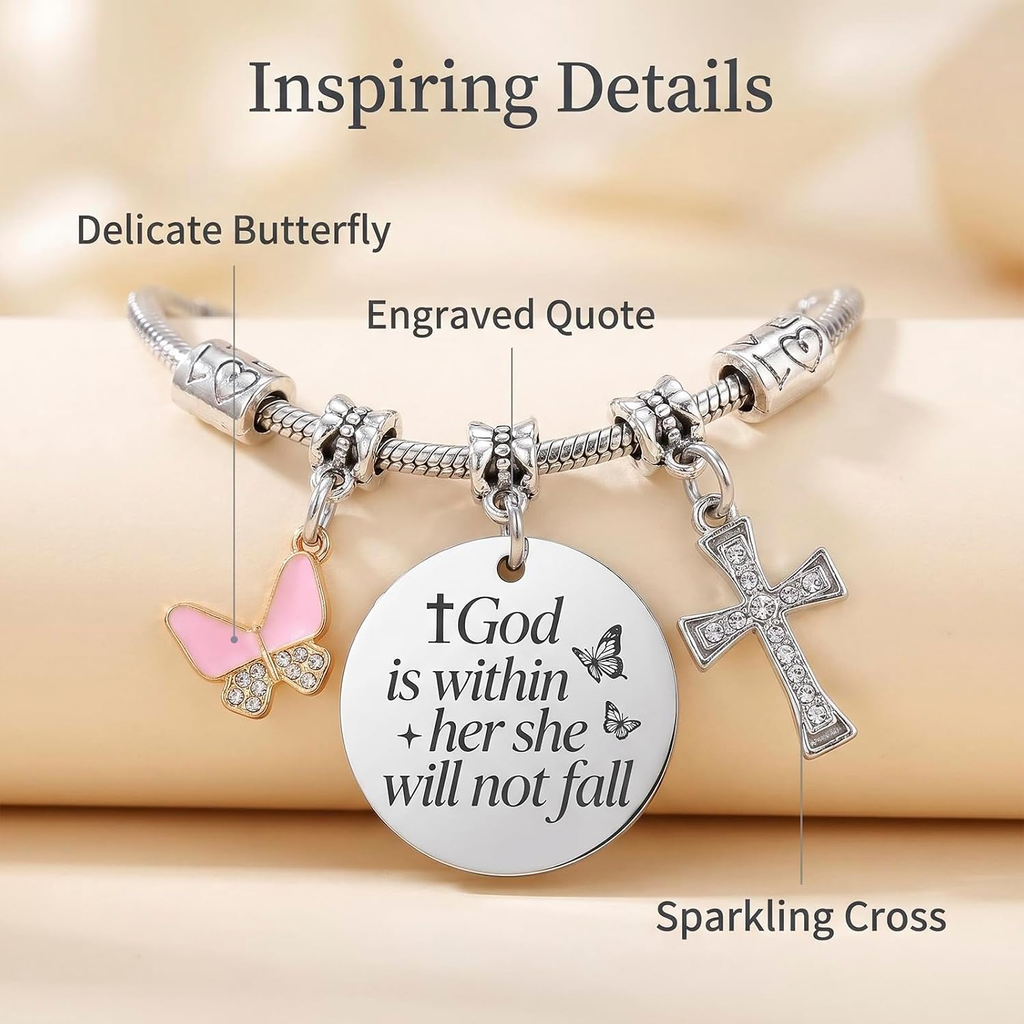 ✝ Women's God Is Within Her Bible Verse Bracelet Christian Faith Stainless Steel Religious Jewelry Gift for Baptism Graduation