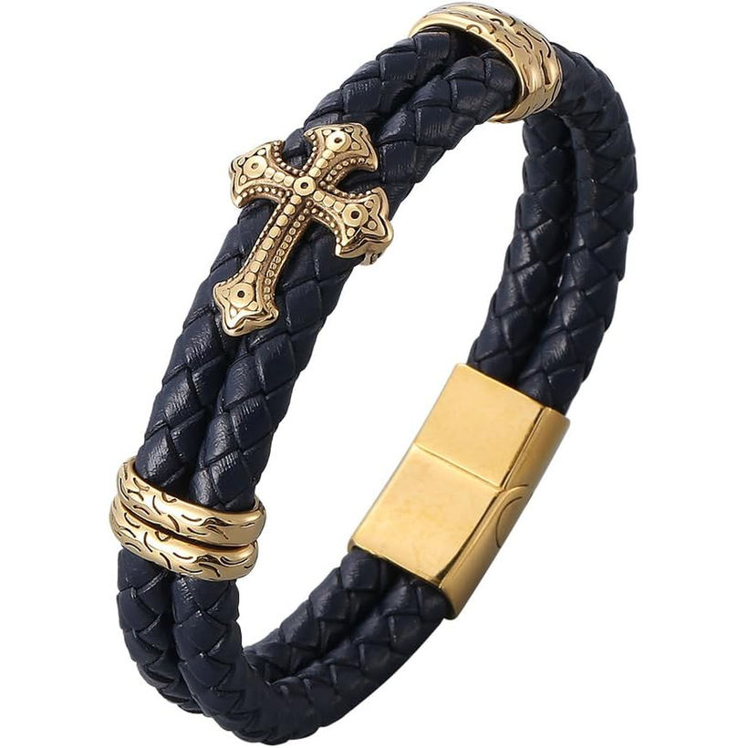 ✝ Men's Christian Cross Double Row Leather Bracelet Braided Cuff Stainless Steel Religious Faith Jewelry Gift for Dad Husband