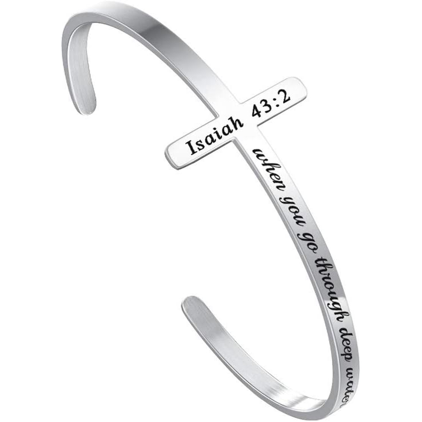 ✝ Women's Silver Cross Cuff Bracelet 316L Stainless Steel Bible Verse Christian Faith Inspirational Jewelry Gift