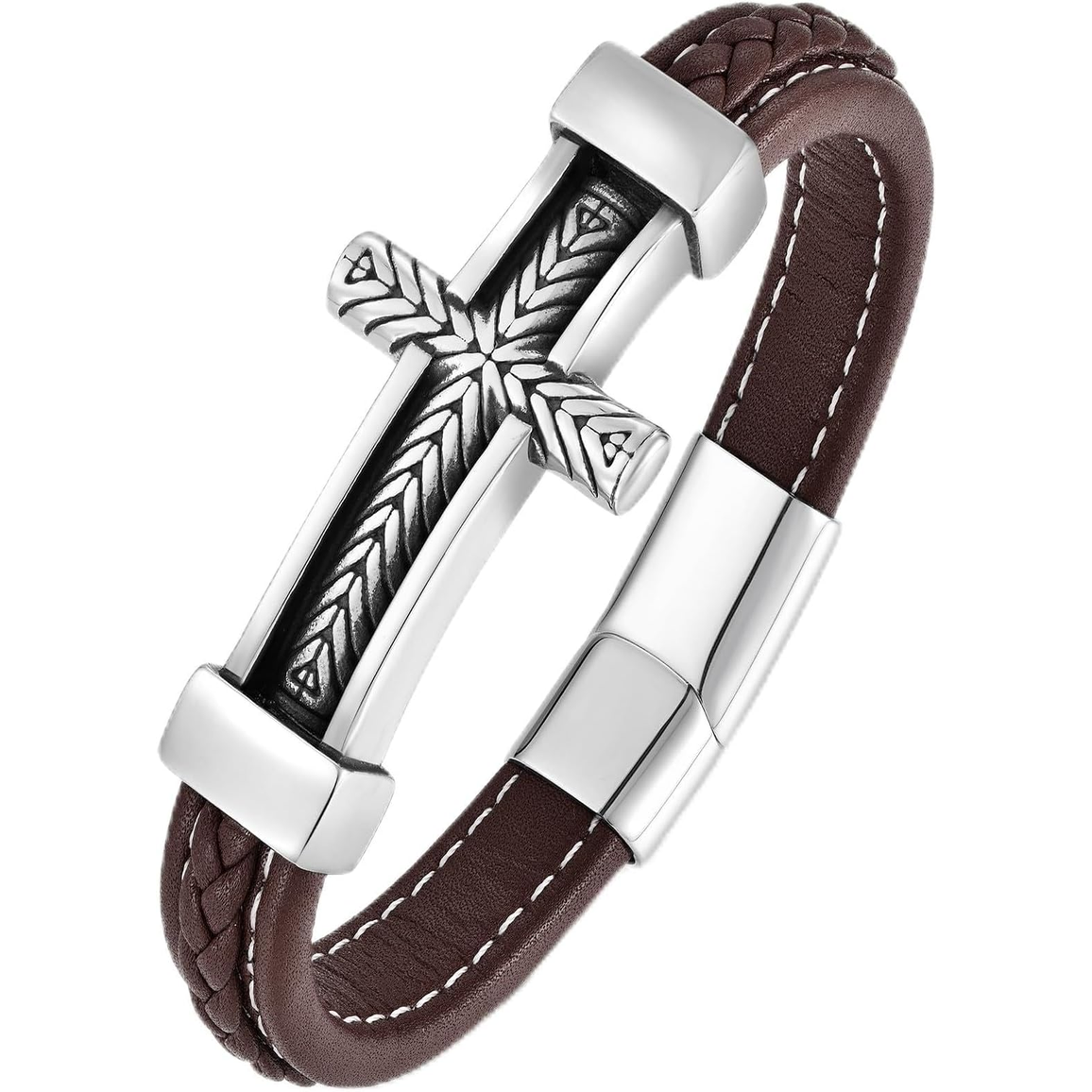 ✝ Men's Braided Leather Sideways Cross Bracelet 316L Stainless Steel Christian Faith Religious Jewelry Gift for Father Husband