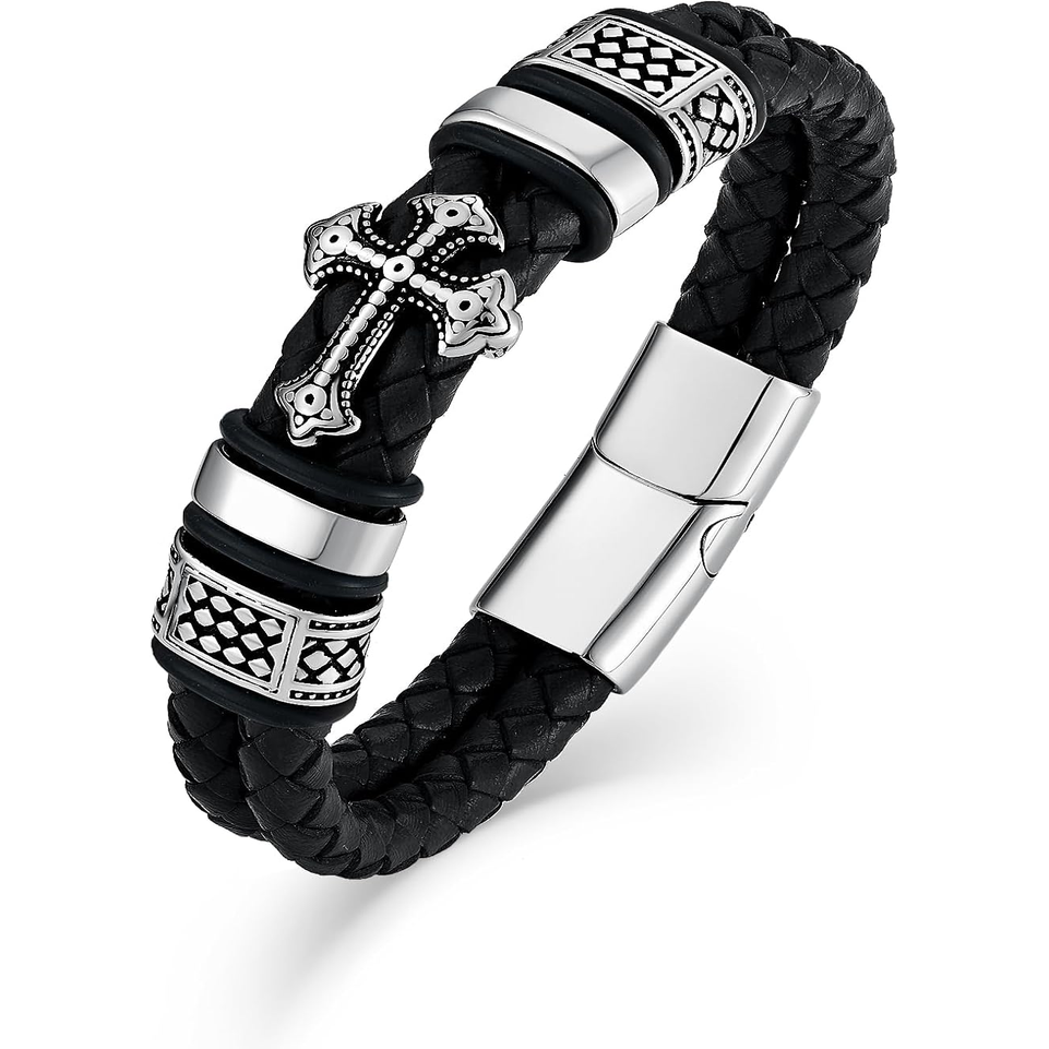 ✝ Men's Christian Cross Double Row Leather Bracelet Braided Cuff Stainless Steel Religious Faith Jewelry Gift for Dad Husband