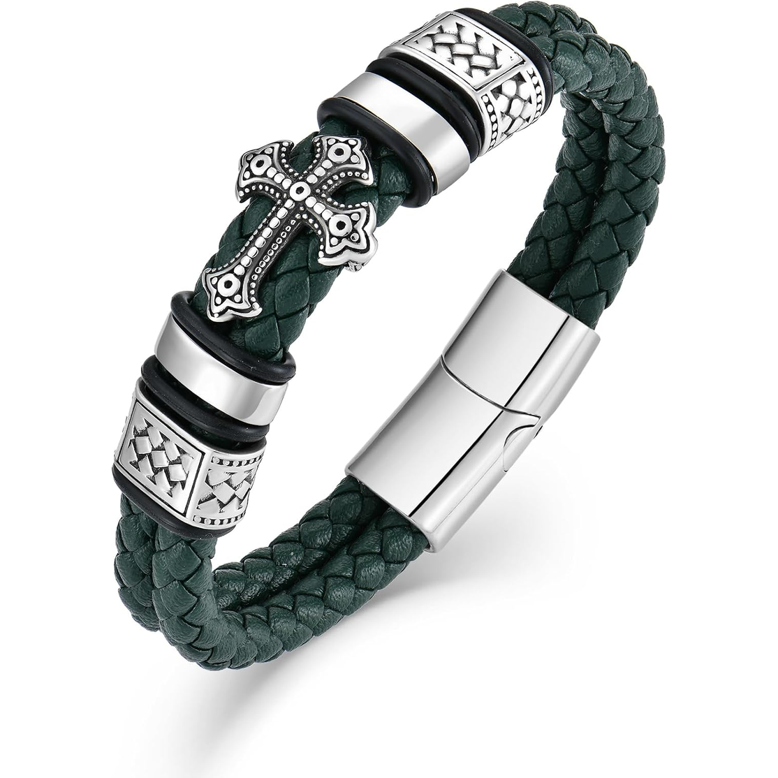 ✝ Men's Christian Cross Double Row Leather Bracelet Braided Cuff Stainless Steel Religious Faith Jewelry Gift for Dad Husband