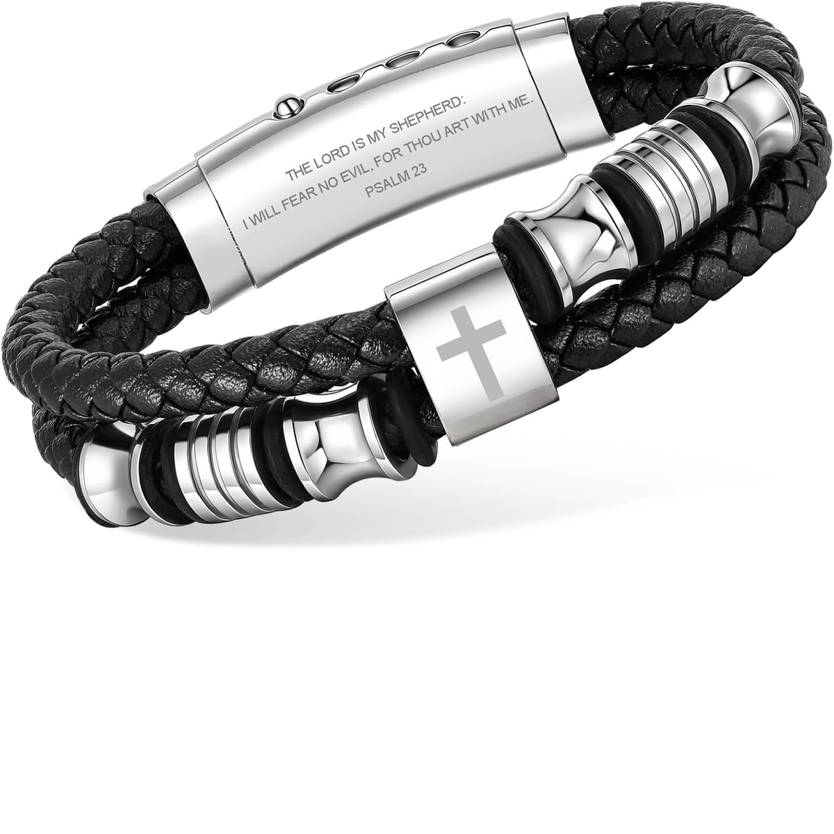 ✝ Men's Christian Silver Leather Cross Bracelet Double-Row Braided Faith Joshua 1:9 Religious Jewelry Gift