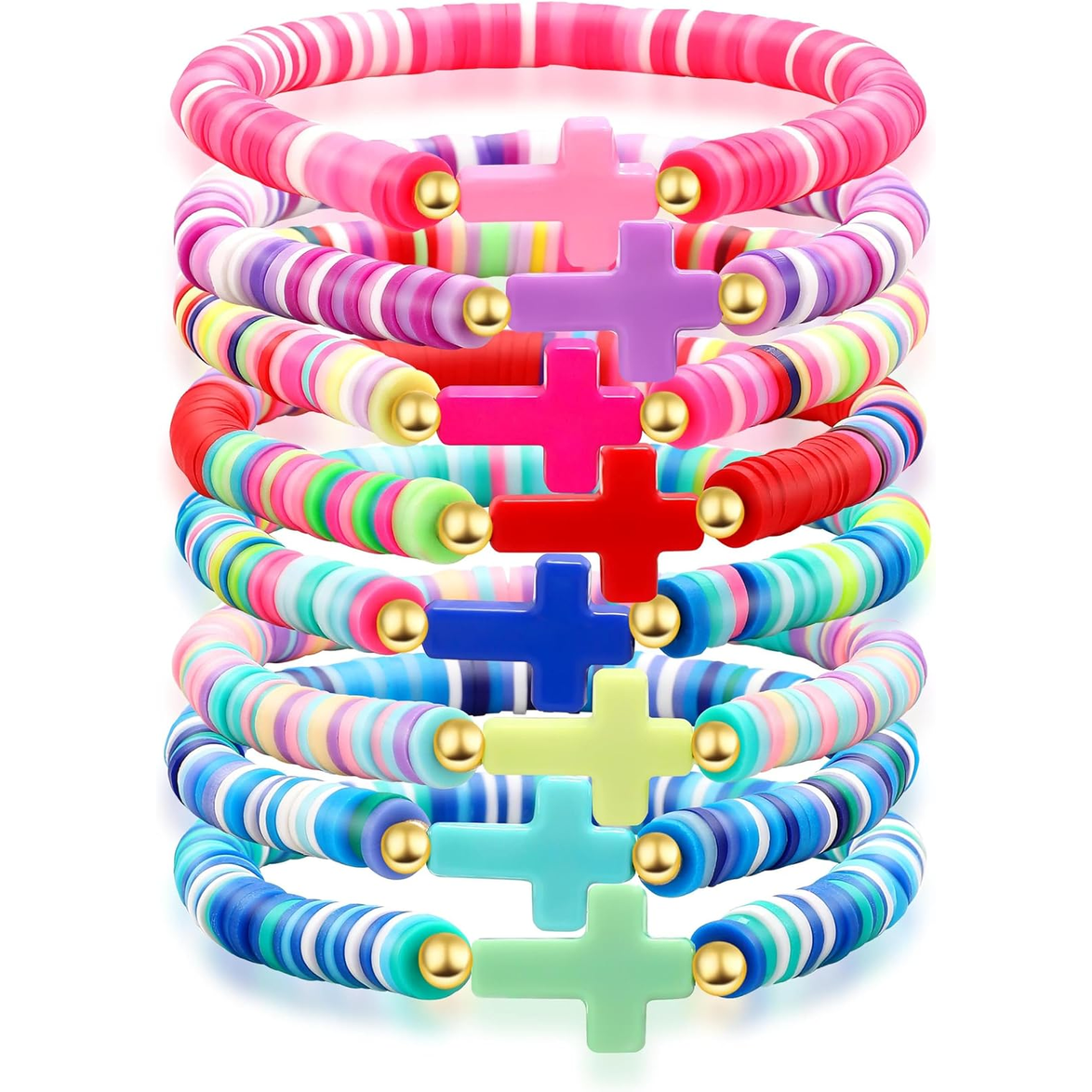 ✝ Christian Cross Beaded Stretch Bracelet Colorful Clay Beads Stackable Faith Jewelry Gift for Men Women Teens Church