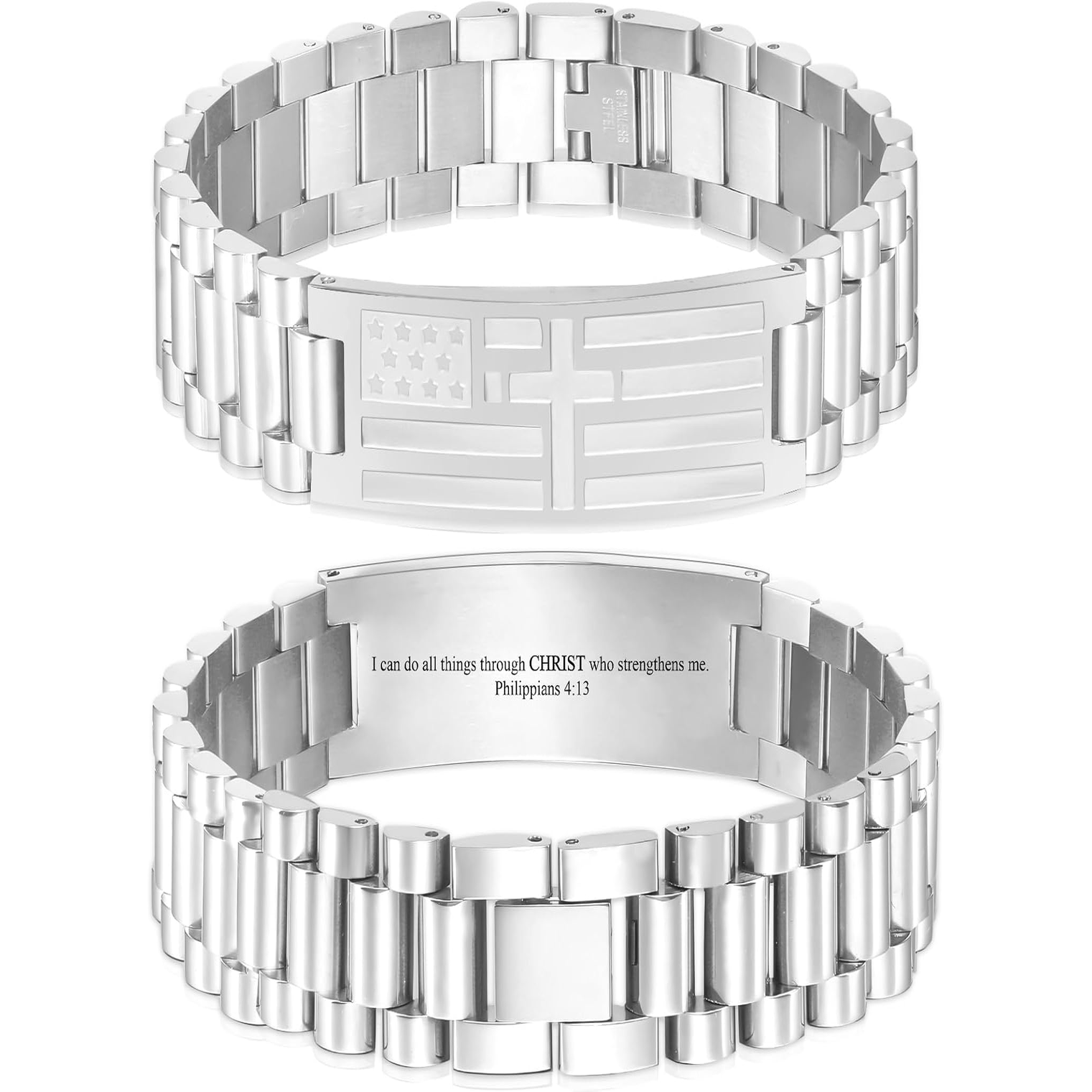 ✝ Men's American Flag Cross Bracelet Stainless Steel Adjustable Christian Bible Verse Faith Religious Jewelry Gift for Dad Husband