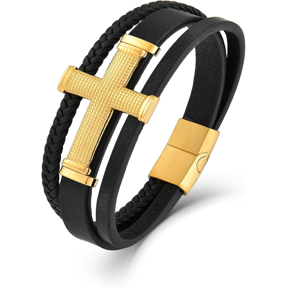 ✝ Men's Christian Cross Leather Bracelet Multi-Layer Braided Black Stainless Steel Faith Inspirational Religious Jewelry Gift for Dad