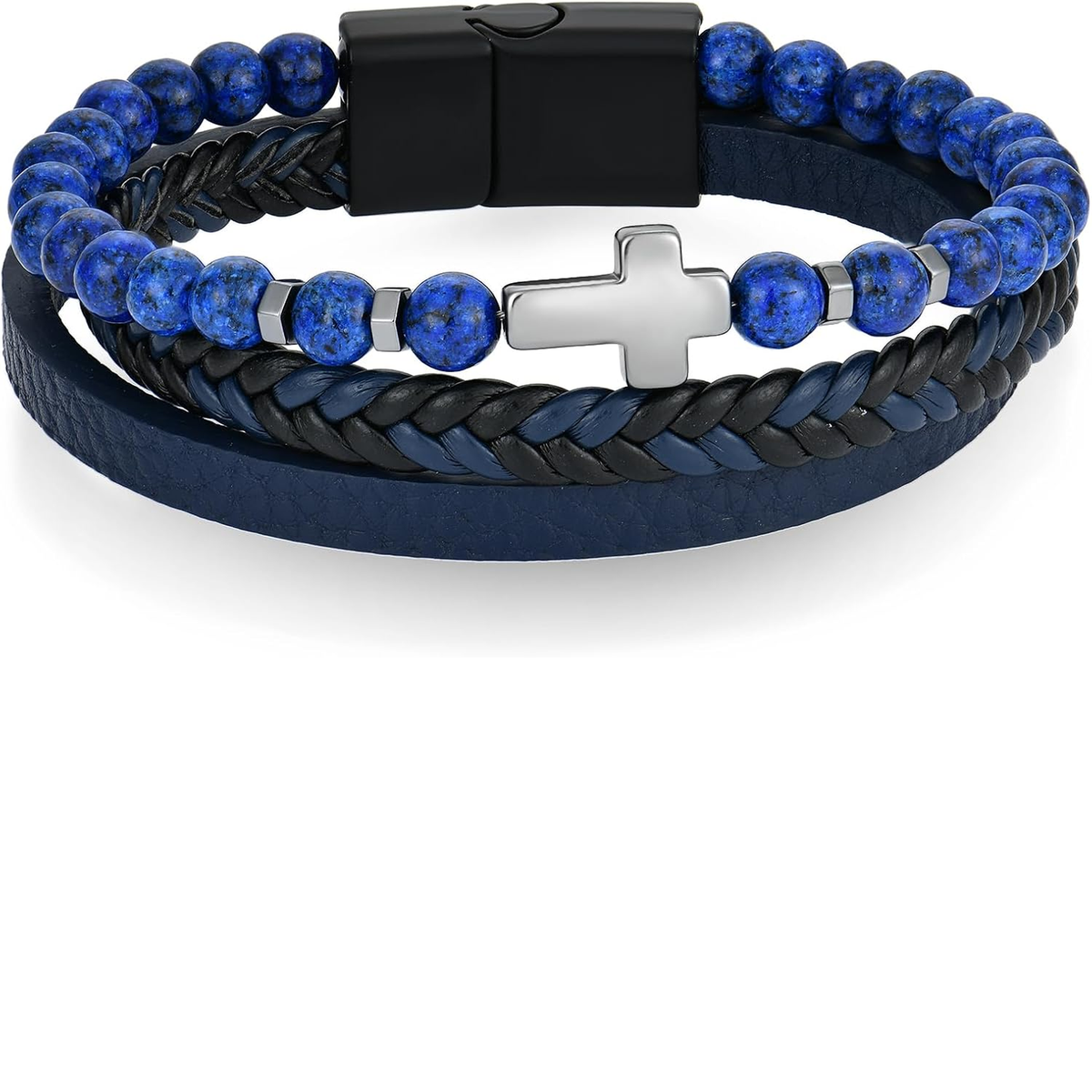 ✝ Men's Christian Cross Double Row Leather Bracelet Braided Cuff Stainless Steel Religious Faith Jewelry Gift for Dad Husband