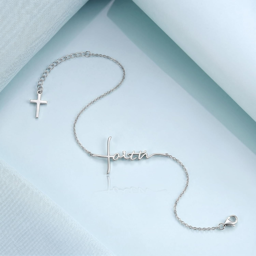 ✝ Faith Bracelet for Women – 925 Sterling Silver Cross & Heart Pendant Christian Religious Jewelry