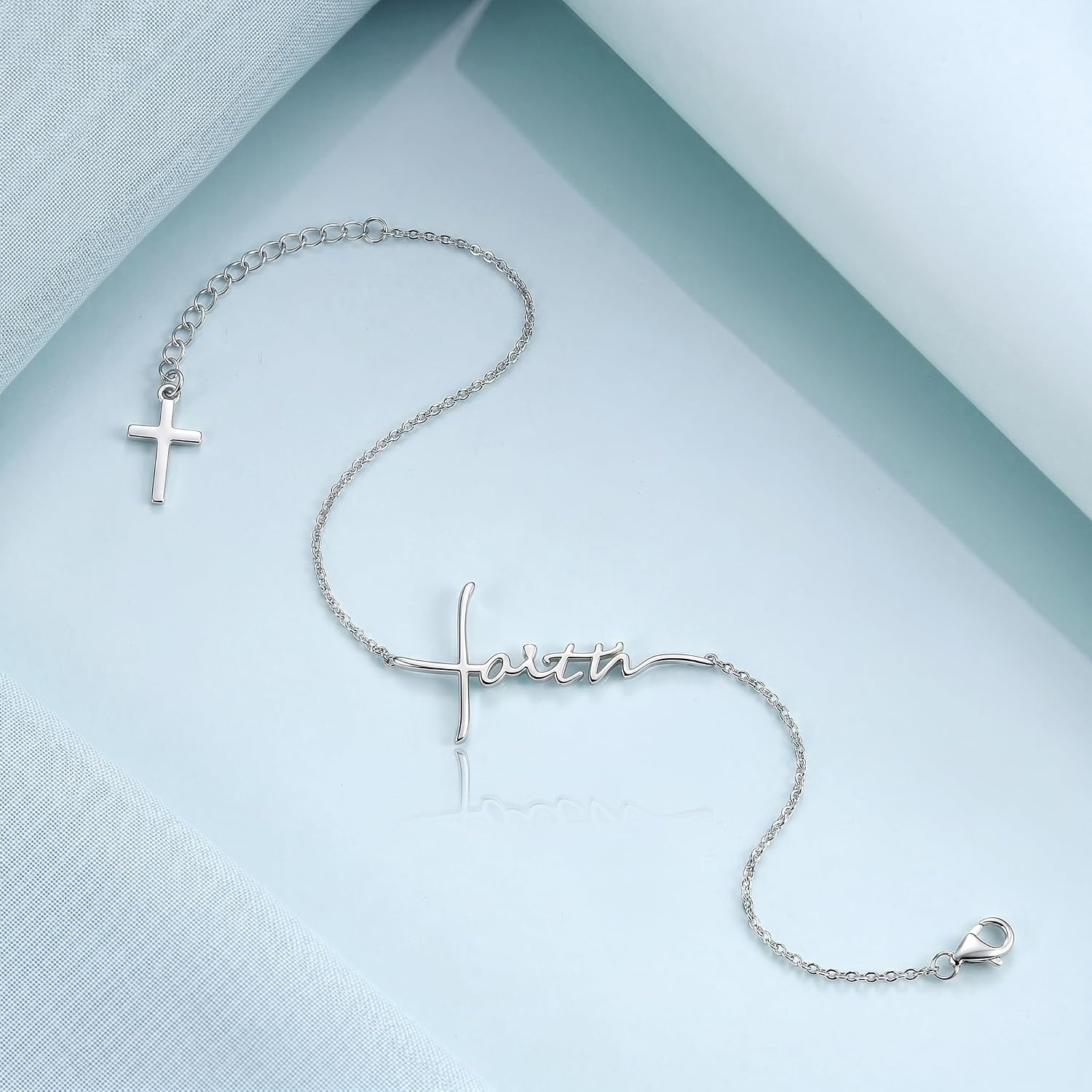 ✝ Faith Bracelet for Women – 925 Sterling Silver Cross & Heart Pendant Christian Religious Jewelry