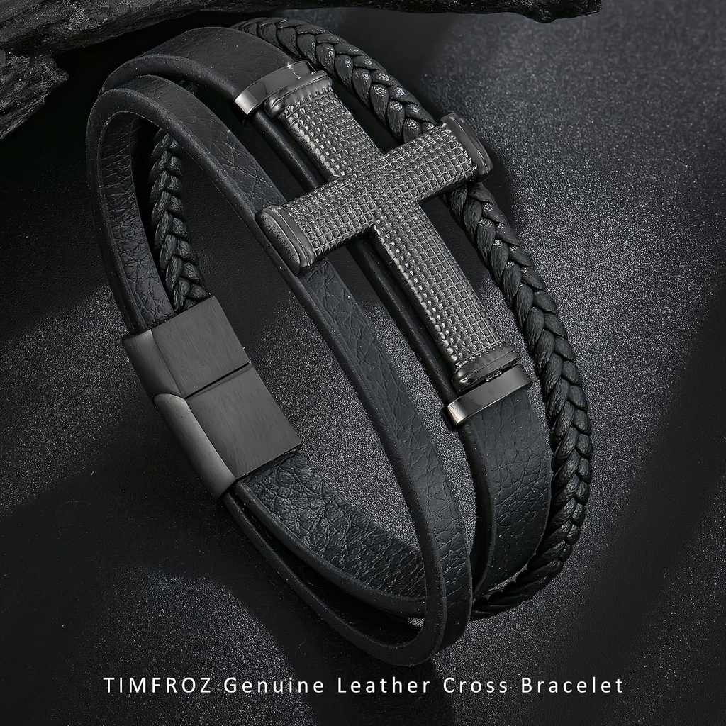✝ Men's Christian Cross Leather Bracelet Multi-Layer Braided Black Stainless Steel Faith Inspirational Religious Jewelry Gift for Dad