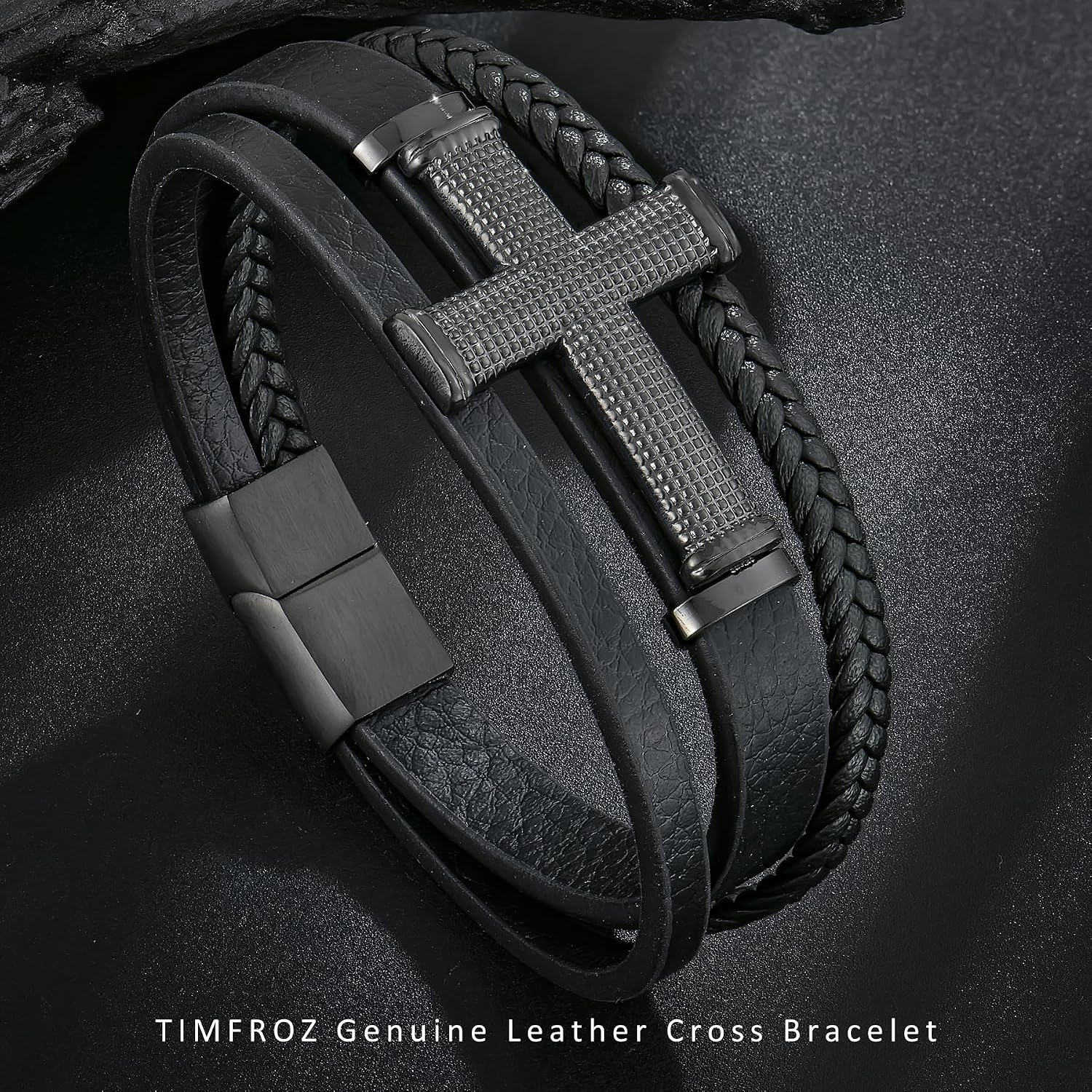 ✝ Men's Christian Cross Leather Bracelet Multi-Layer Braided Black Stainless Steel Faith Inspirational Religious Jewelry Gift for Dad