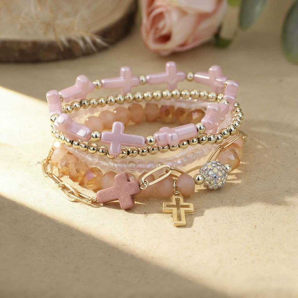 ✝ Women's Multi-colored Cross Charm Bracelet Set Stackable Beaded Christian Faith Religious Jewelry Gift Easter Celebration