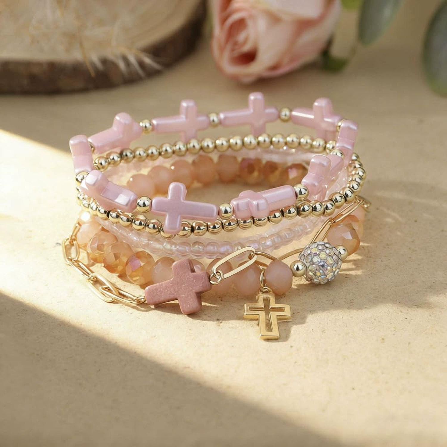 ✝ Women's Multi-colored Cross Charm Bracelet Set Stackable Beaded Christian Faith Religious Jewelry Gift Easter Celebration