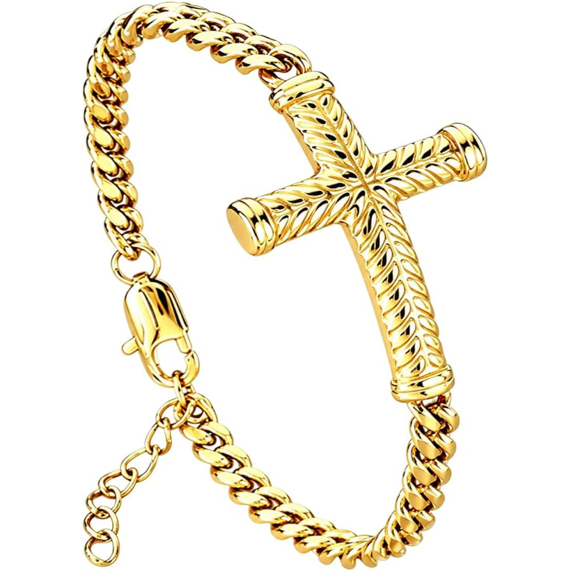 ✝ Men's Stainless Steel Cross Link Chain Bracelet 6mm Christian Faith Religious Jewelry Gift for Dad Husband Son