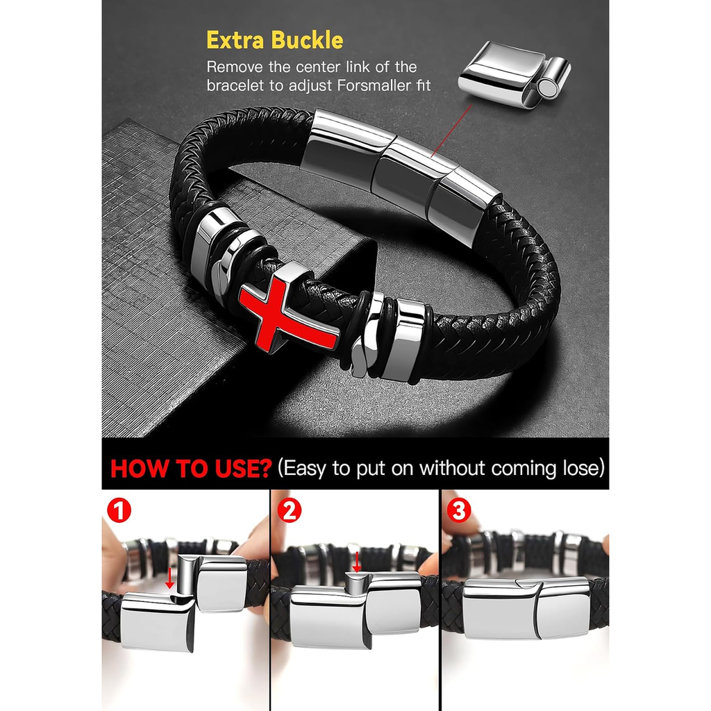 ✝ Men's Red White Cross Leather Cuff Bracelet 316L Stainless Steel Engraved Bible Verse Christian Faith Jewelry Gift
