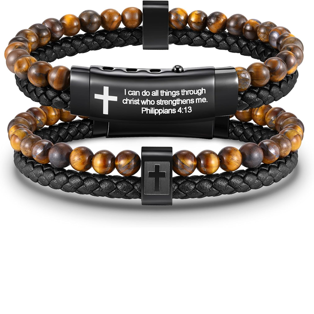 ✝ Men's Joshua 1:9 Cross Bracelet Braided Leather Tiger Eye Agate Beaded Christian Faith Jewelry Gift