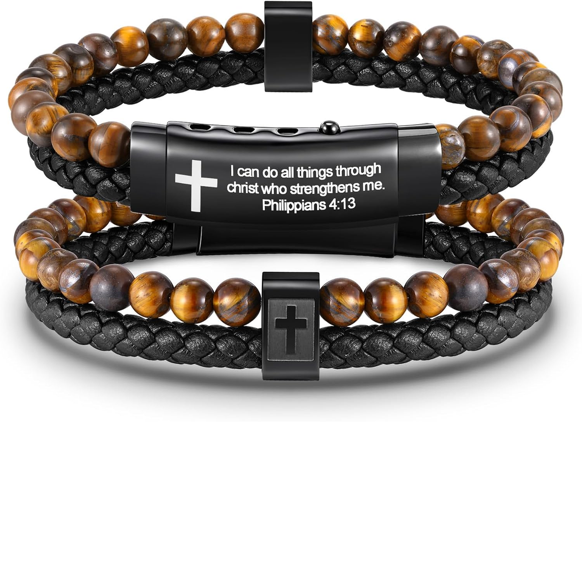 ✝ Men's Joshua 1:9 Cross Bracelet Braided Leather Tiger Eye Agate Beaded Christian Faith Jewelry Gift