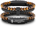 ✝ Men's Joshua 1:9 Cross Bracelet Braided Leather Tiger Eye Agate Beaded Christian Faith Jewelry Gift