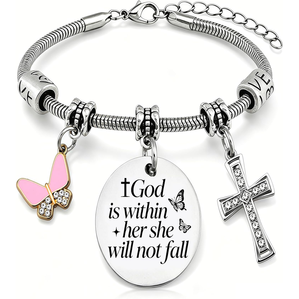 ✝ Women's God Is Within Her Bible Verse Bracelet Christian Faith Stainless Steel Religious Jewelry Gift for Baptism Graduation