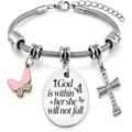 ✝ Women's God Is Within Her Bible Verse Bracelet Christian Faith Stainless Steel Religious Jewelry Gift for Baptism Graduation
