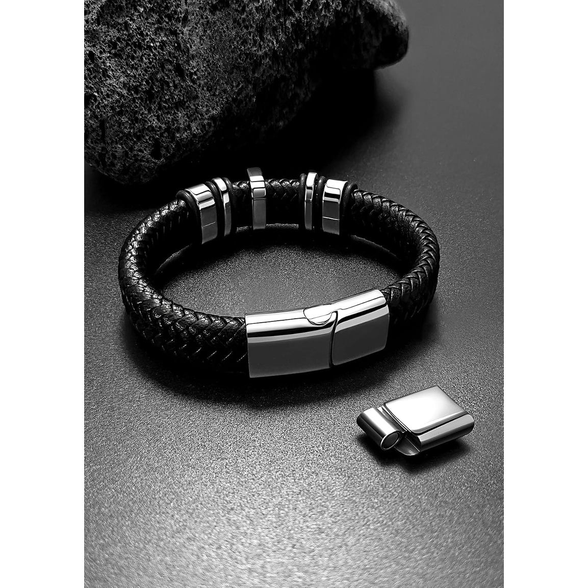 ✝ Men's Red White Cross Leather Cuff Bracelet 316L Stainless Steel Engraved Bible Verse Christian Faith Jewelry Gift