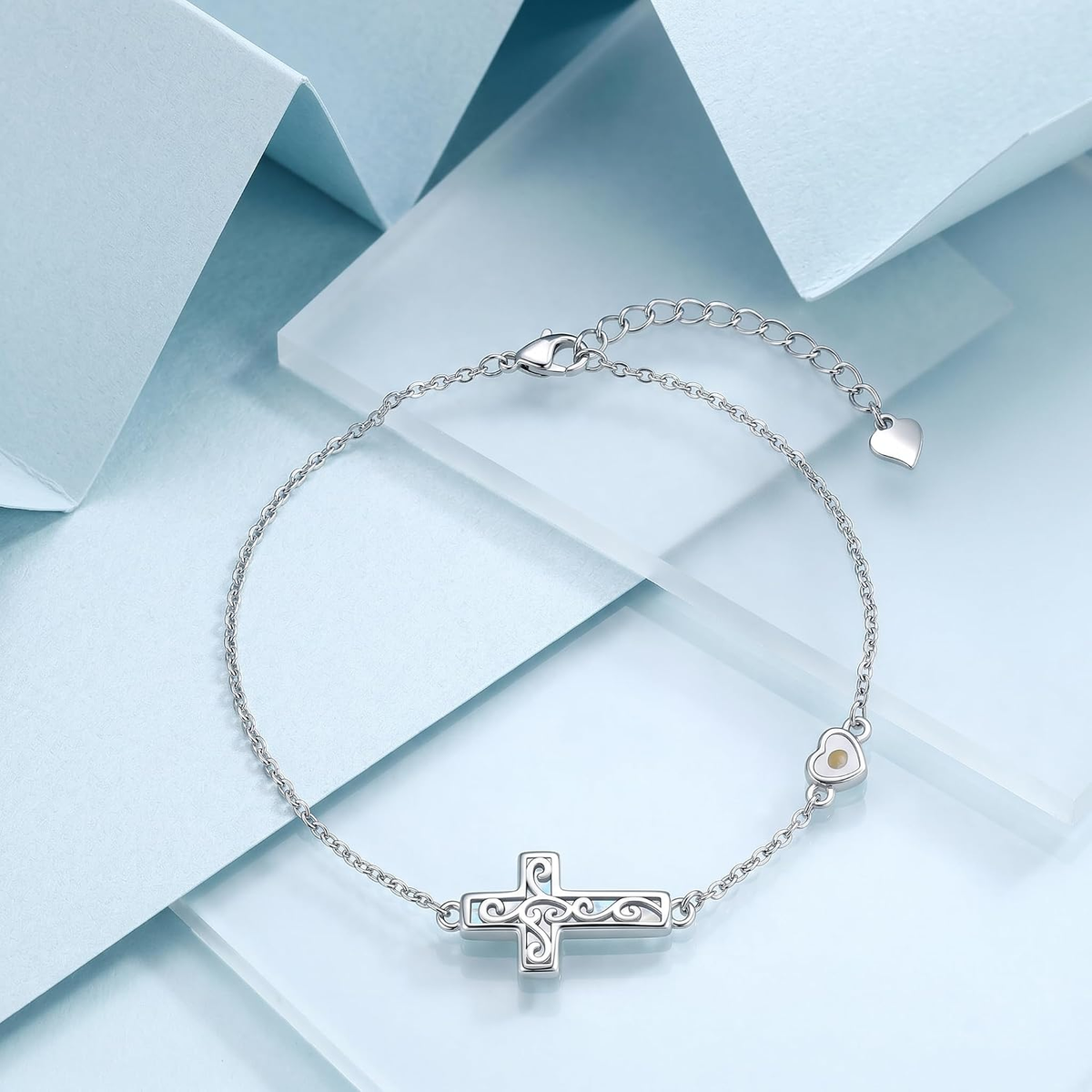 ✝ Women's Sterling Silver Cross Mustard Seed Bracelet Adjustable Christian Faith Religious Jewelry Gift for Mom Wife Sister Friend