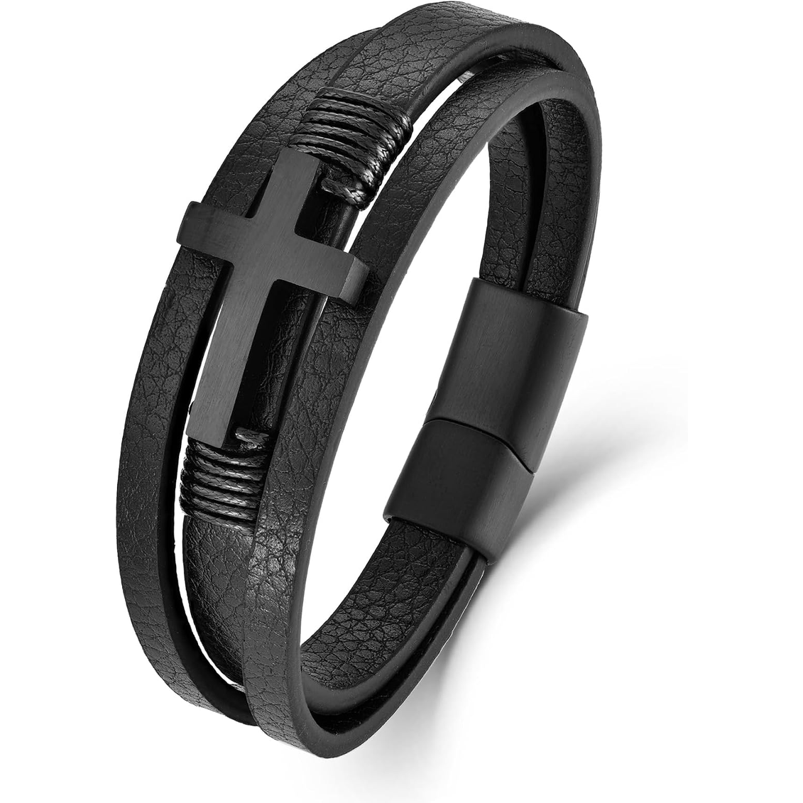 ✝ Men's Braided Leather Sideways Cross Bracelet 316L Stainless Steel Christian Faith Religious Jewelry Gift for Father Husband