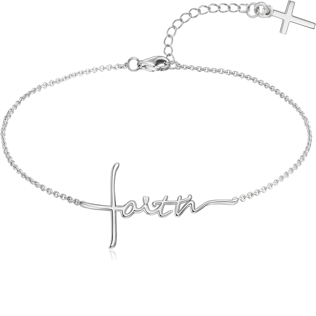 ✝ Faith Bracelet for Women – 925 Sterling Silver Cross & Heart Pendant Christian Religious Jewelry