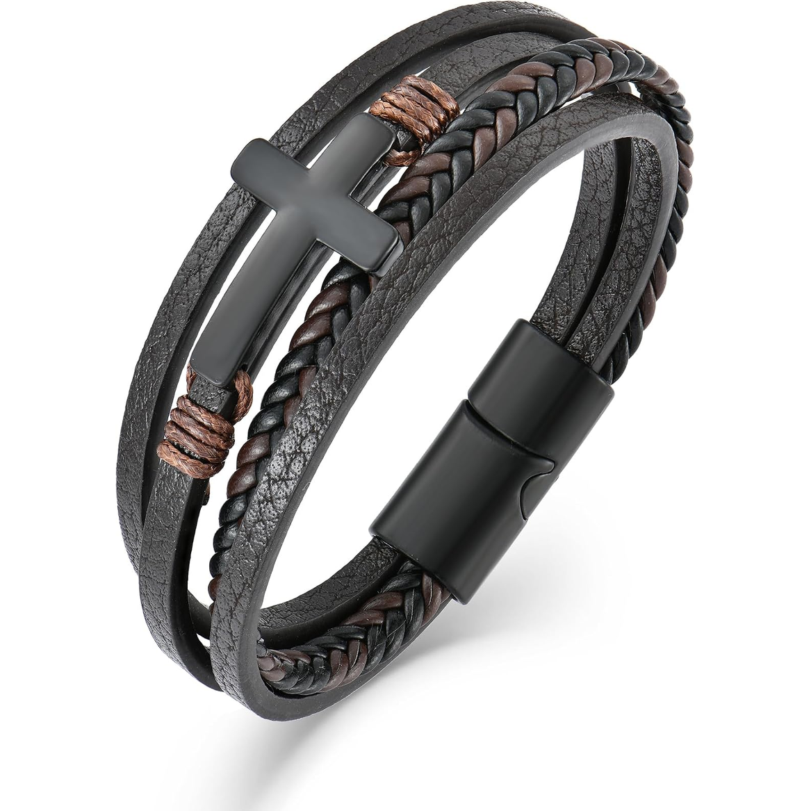 ✝ Men's Braided Leather Sideways Cross Bracelet 316L Stainless Steel Christian Faith Religious Jewelry Gift for Father Husband