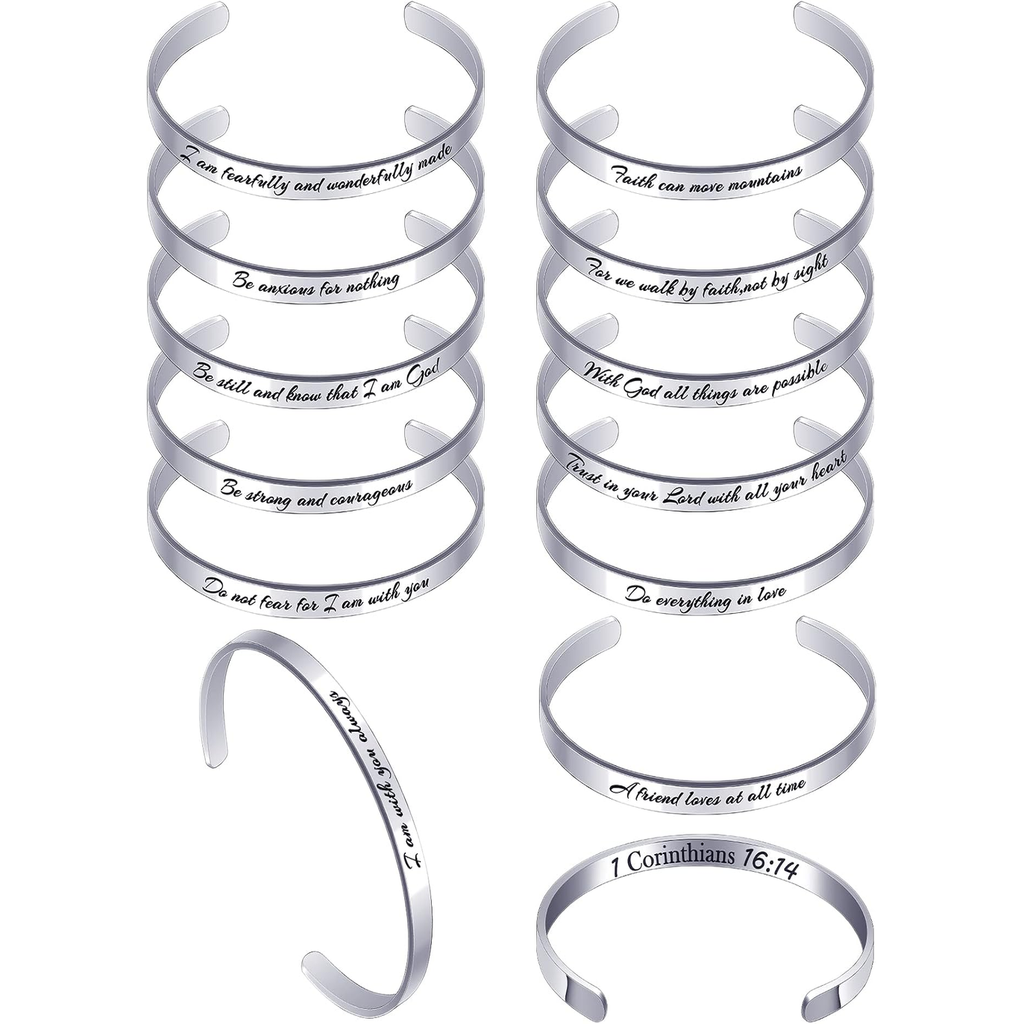 ✝ 12-Piece Christian Bible Verse Cuff Bracelet Set Stainless Steel Inspirational Scripture Jewelry Gifts for Women Baptism Confirmation