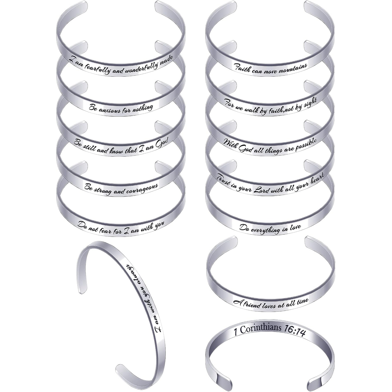 ✝ 12-Piece Christian Bible Verse Cuff Bracelet Set Stainless Steel Inspirational Scripture Jewelry Gifts for Women Baptism Confirmation