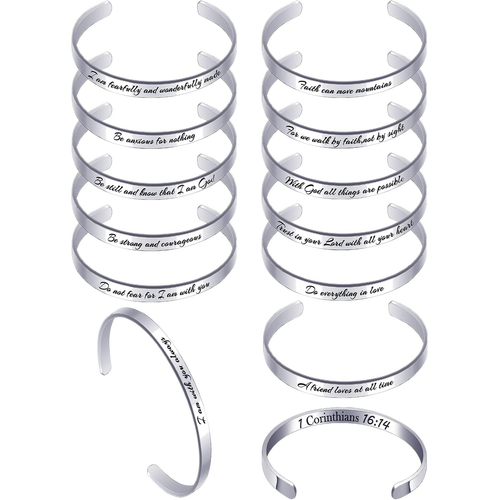 ✝ 12-Piece Christian Bible Verse Cuff Bracelet Set Stainless Steel Inspirational Scripture Jewelry Gifts for Women Baptism Confirmation