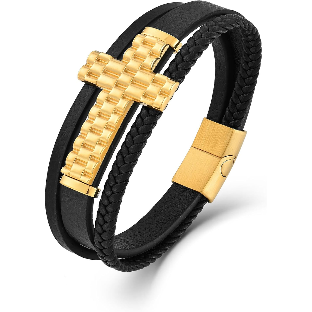✝ Men's Christian Cross Leather Bracelet Multi-Layer Braided Black Stainless Steel Faith Inspirational Religious Jewelry Gift for Dad