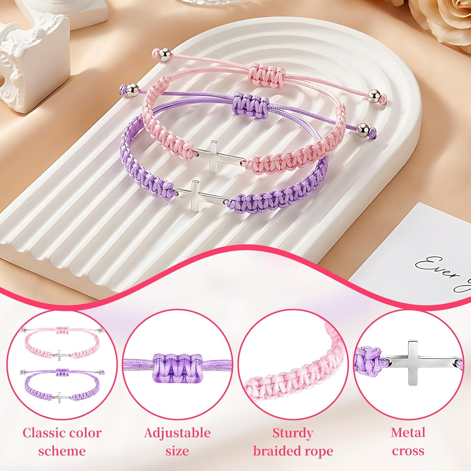 ✝ 2-Piece Christian Cross Friendship Bracelet Set Pink Purple Adjustable Braided Rope Faith Jewelry Gift for Couples Friends