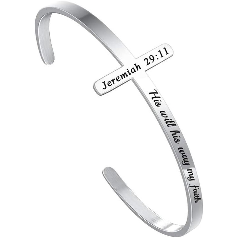 ✝ Women's Silver Cross Cuff Bracelet 316L Stainless Steel Bible Verse Christian Faith Inspirational Jewelry Gift