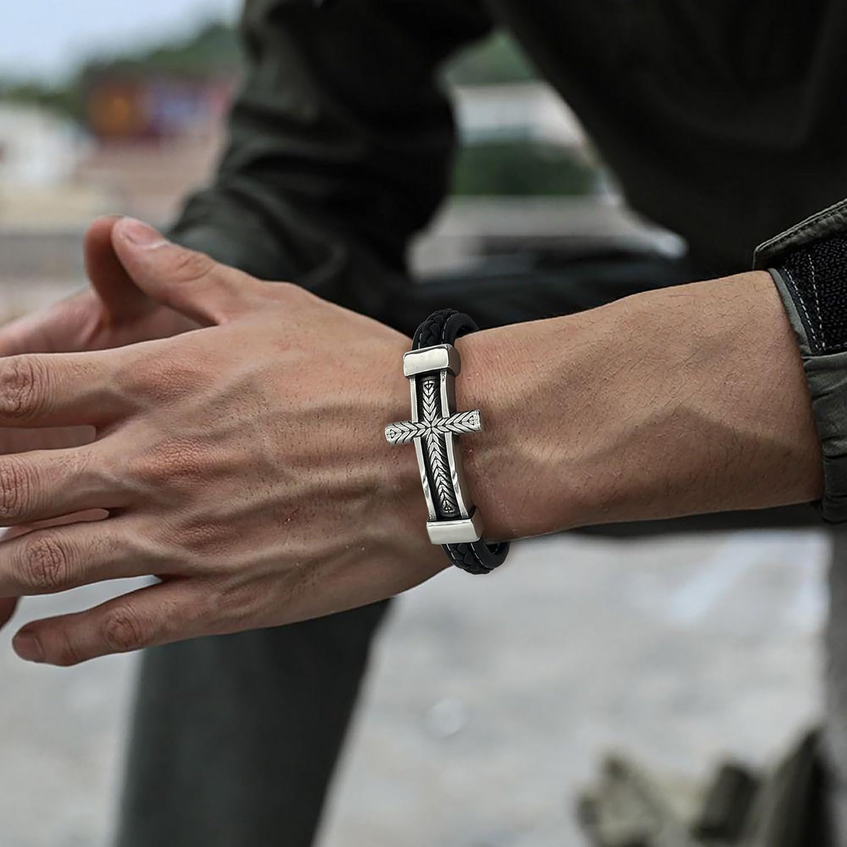 ✝ Men's Braided Leather Sideways Cross Bracelet 316L Stainless Steel Christian Faith Religious Jewelry Gift for Father Husband