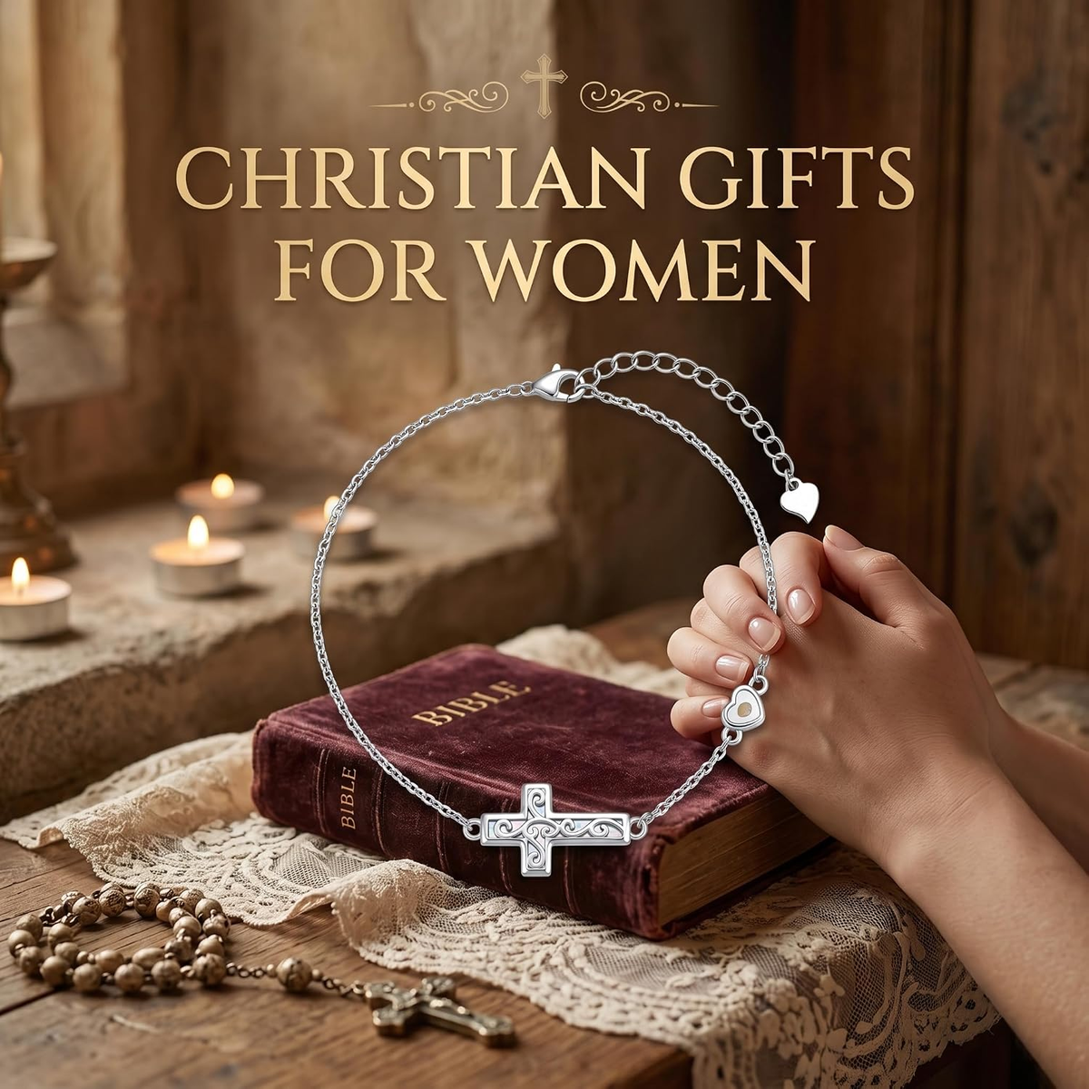 ✝ Women's Sterling Silver Cross Mustard Seed Bracelet Adjustable Christian Faith Religious Jewelry Gift for Mom Wife Sister Friend