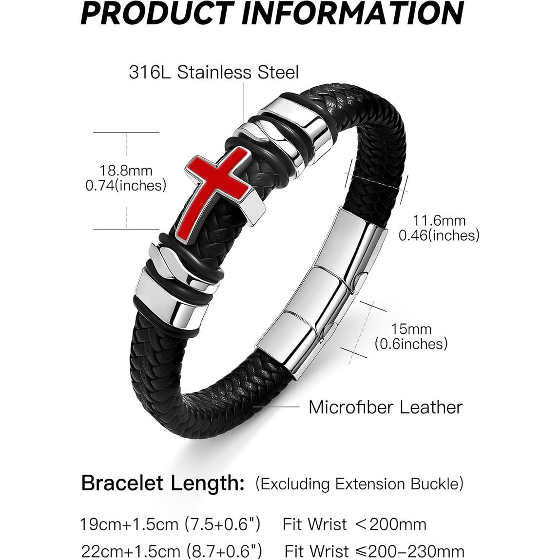 ✝ Men's Red White Cross Leather Cuff Bracelet 316L Stainless Steel Engraved Bible Verse Christian Faith Jewelry Gift