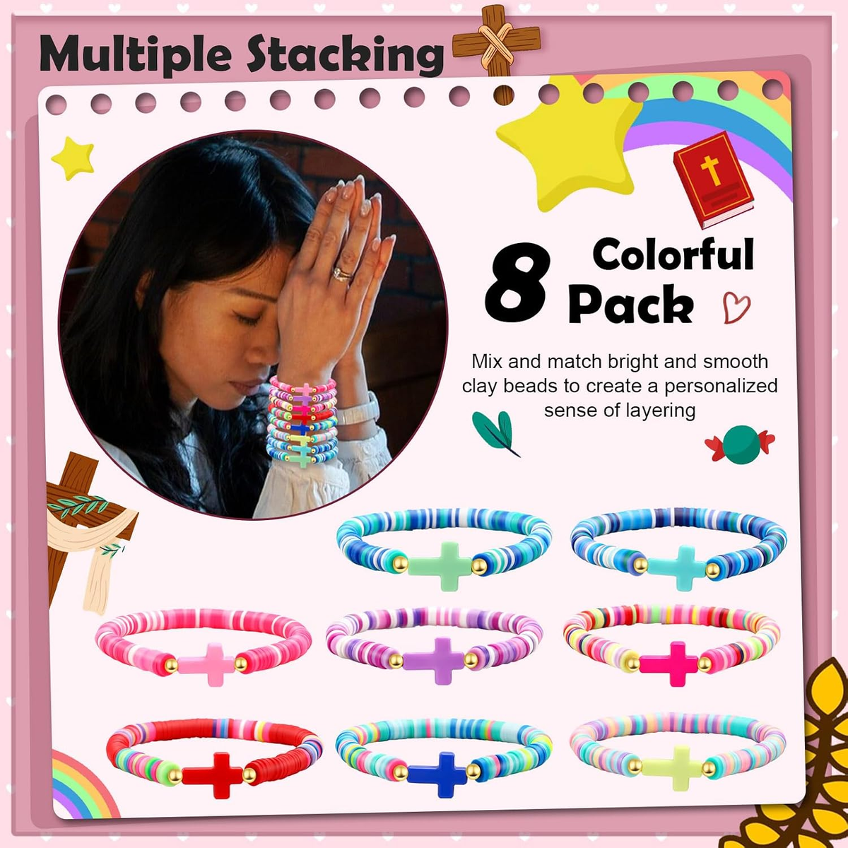 ✝ Christian Cross Beaded Stretch Bracelet Colorful Clay Beads Stackable Faith Jewelry Gift for Men Women Teens Church