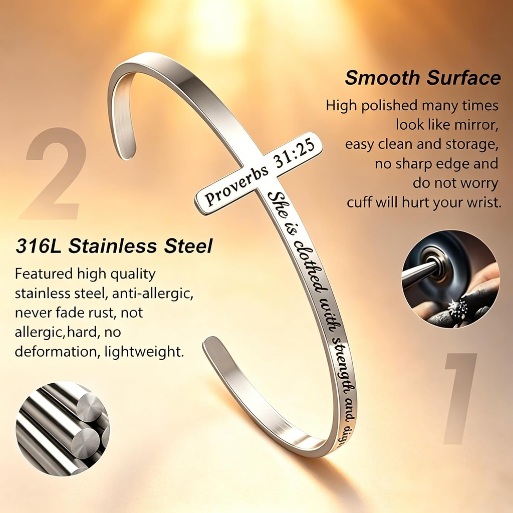 ✝ Women's Silver Cross Cuff Bracelet 316L Stainless Steel Bible Verse Christian Faith Inspirational Jewelry Gift