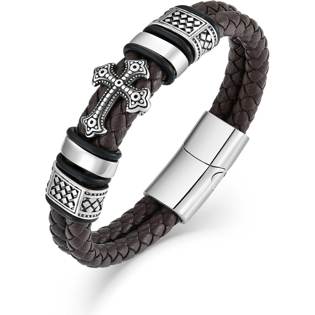 ✝ Men's Christian Cross Double Row Leather Bracelet Braided Cuff Stainless Steel Religious Faith Jewelry Gift for Dad Husband