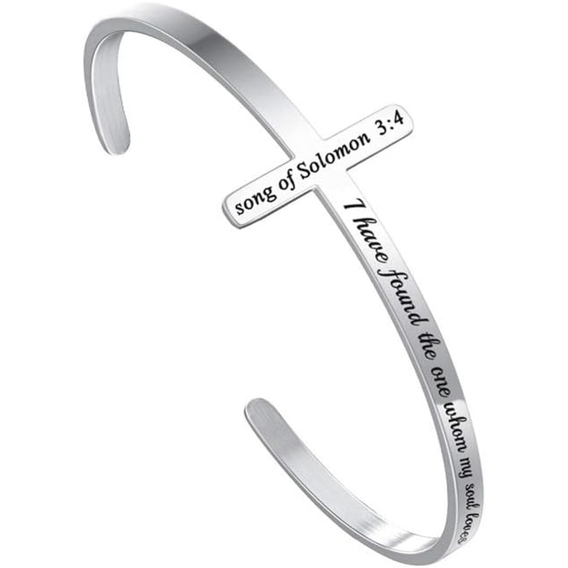 ✝ Women's Silver Cross Cuff Bracelet 316L Stainless Steel Bible Verse Christian Faith Inspirational Jewelry Gift