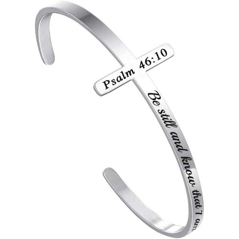 ✝ Women's Silver Cross Cuff Bracelet 316L Stainless Steel Bible Verse Christian Faith Inspirational Jewelry Gift