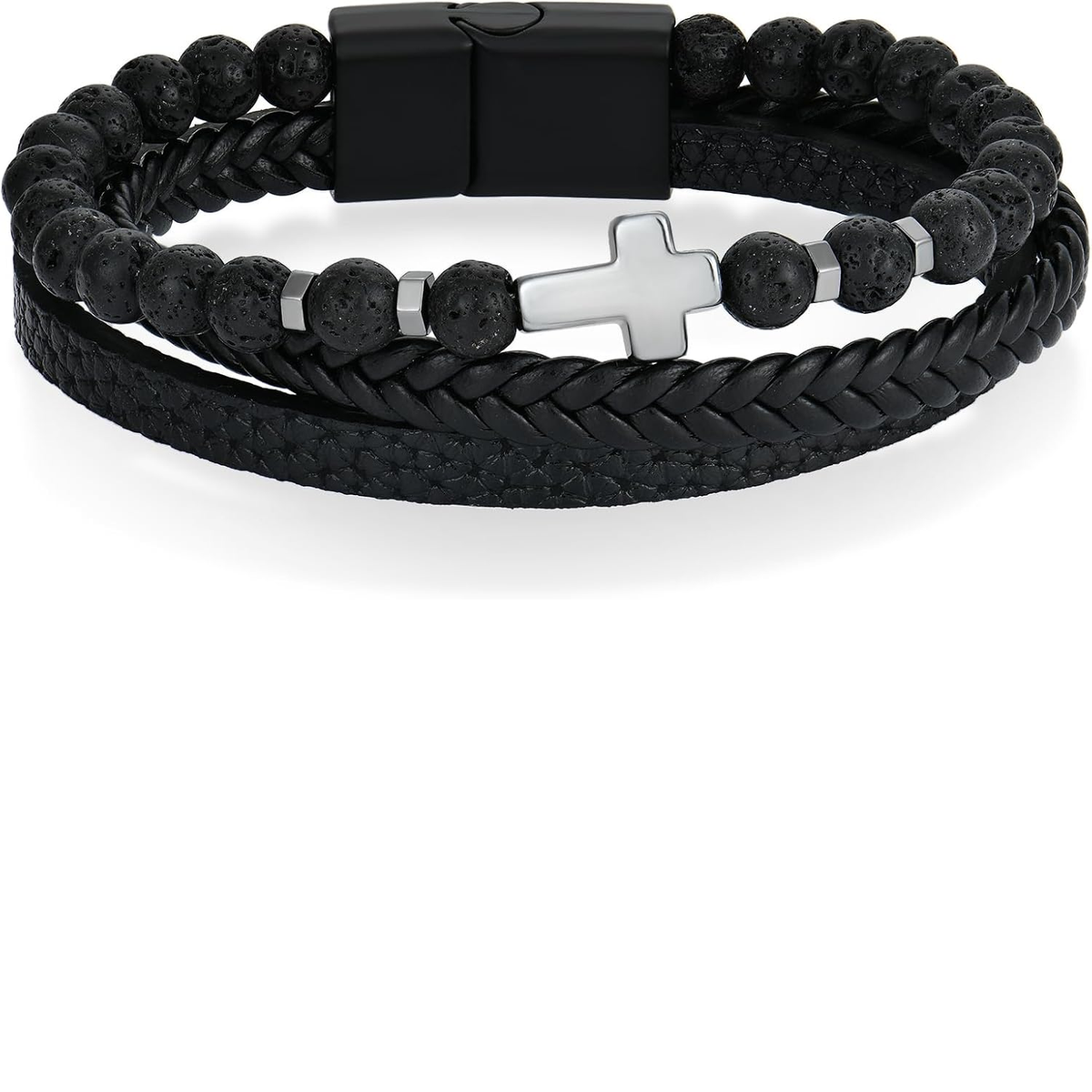 ✝ Men's Christian Cross Double Row Leather Bracelet Braided Cuff Stainless Steel Religious Faith Jewelry Gift for Dad Husband