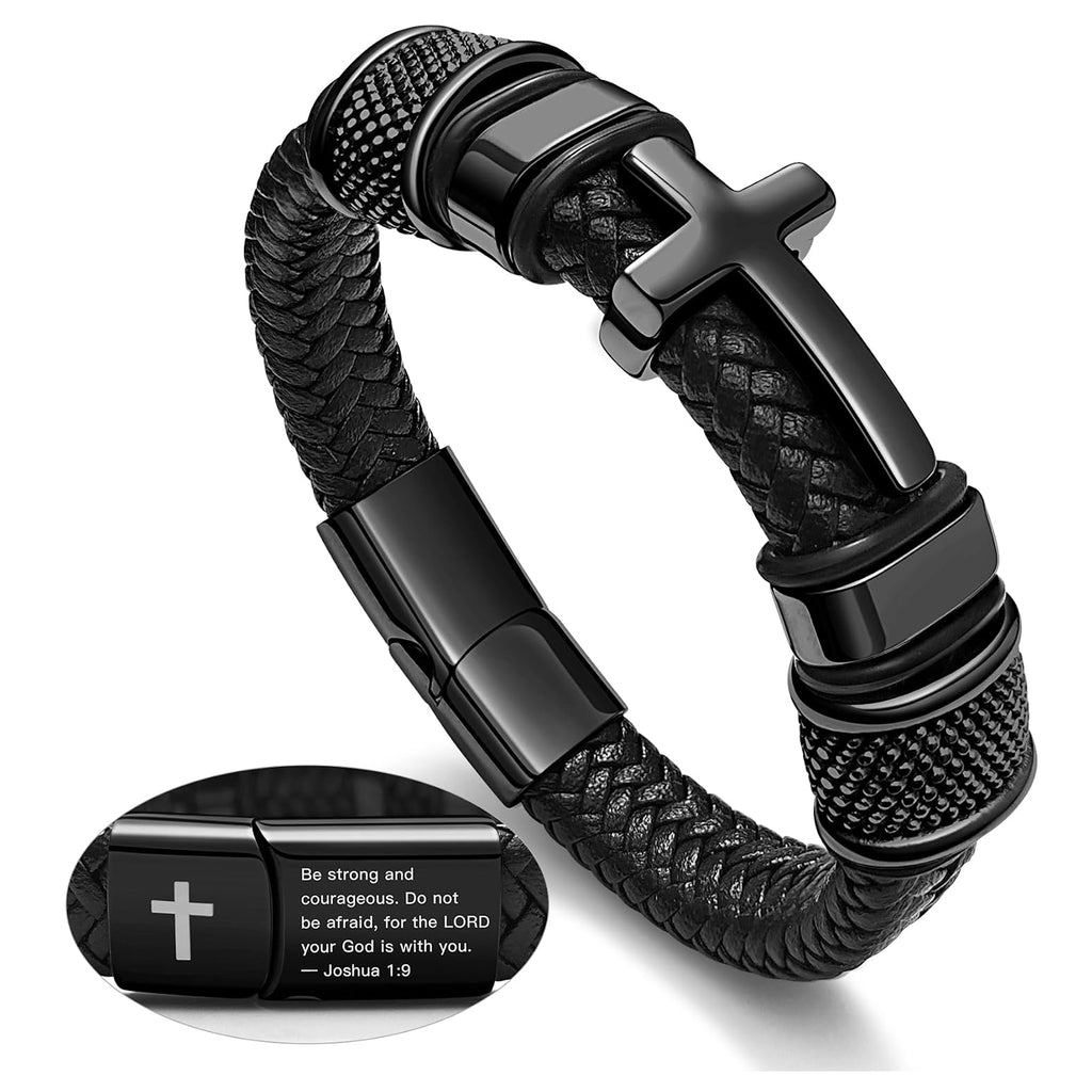 Men's Black Cross Cuff Bracelet Philippians 4:13 Stainless Steel Braided Leather Bible Verse